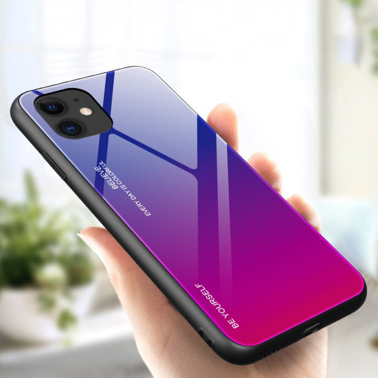 OEM iPhone 12 mini Θήκη με Πλαίσιο Σιλικόνης και Όψη Γυαλιού Tempered Glass - Pink - Purple