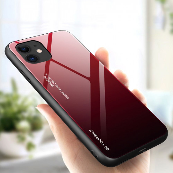OEM iPhone 12 mini Θήκη με Πλαίσιο Σιλικόνης και Όψη Γυαλιού Tempered Glass - Black - Red