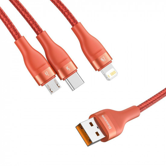 Baseus Flash Series 3in1 - Καλώδιο Γρήγορης Φόρτισης και Δεδομένων 5A 40W 1.2m - Micro USB / Lightning / Type-C - Orange - CA1T3-07