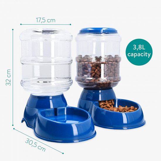 Navaris Automatic Food and Water Dispenser - Σετ με 2 Διανομείς Φαγητού και Νερού για Κατοικίδιο - 3.8L - Dark Blue - 48332.17