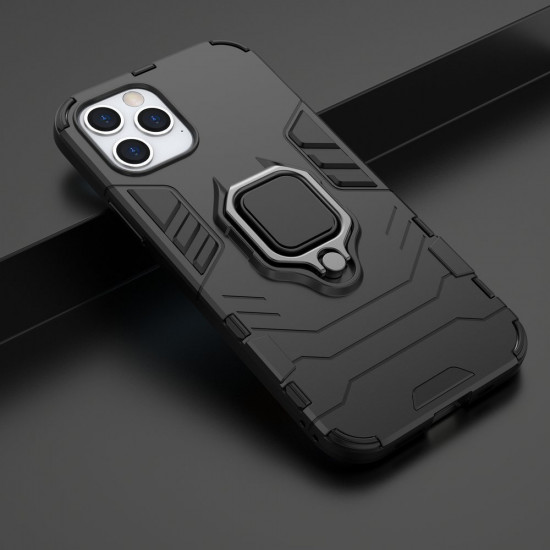 OEM iPhone 12 / iPhone 12 Pro Rugged Armor Σκληρή Θήκη Υψηλής Προστασίας με Πλαίσιο Σιλικόνης και Δαχτυλίδι Συγκράτησης - Black