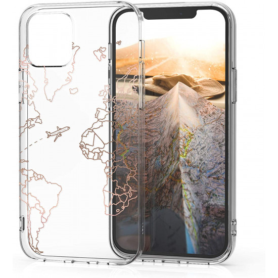 KW iPhone 12 / iPhone 12 Pro Θήκη Σιλικόνης TPU Design Travel and Explore - Διάφανη / Rose Gold - 53035.06