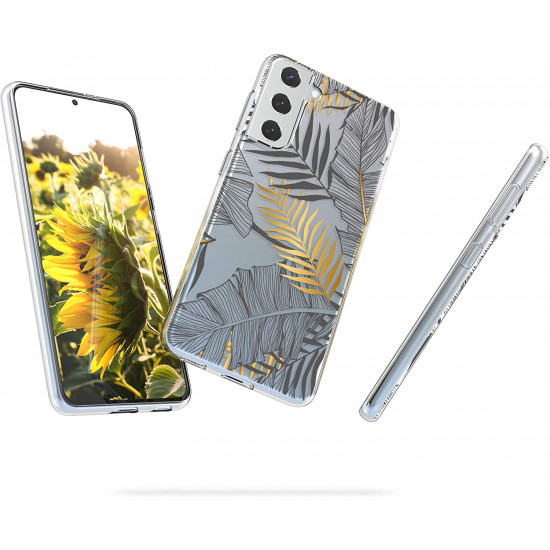 KW Samsung Galaxy S21 Θήκη Σιλικόνης TPU Design Palm Leaves - Gold / Grey - Διάφανη - 54061.01