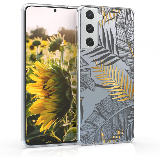 KW Samsung Galaxy S21 Θήκη Σιλικόνης TPU Design Palm Leaves - Gold / Grey - Διάφανη - 54061.01