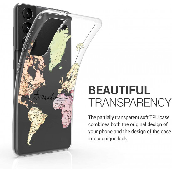 KW Samsung Galaxy S21 Θήκη Σιλικόνης TPU Design Travel - Black / Multicolor - Διάφανη - 54059.01