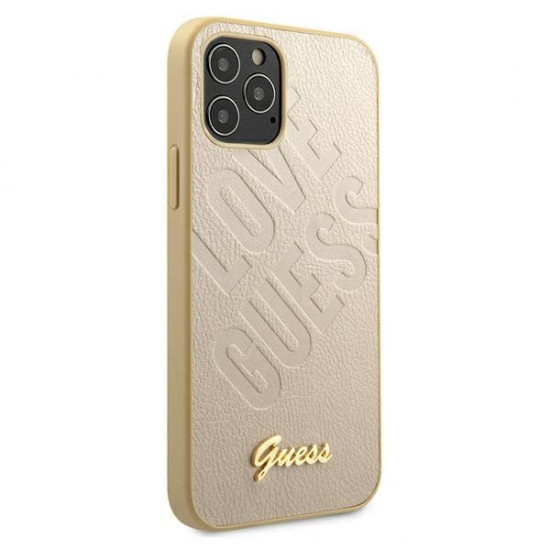 Guess iPhone 12 Pro Max - Iridescent Love Script Θήκη με Επένδυση Συνθετικού Δέρματος - Gold - GUHCP12LPUILGLG