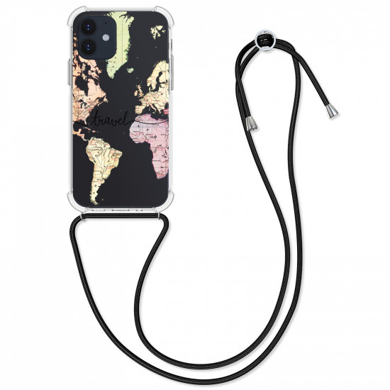 KW iPhone 12 / 12 Pro Θήκη Σιλικόνης TPU με Λουράκι Design Travel - Διάφανη / Black / Multicolour - 54084.01