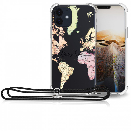 KW iPhone 12 / 12 Pro Θήκη Σιλικόνης TPU με Λουράκι Design Travel - Διάφανη / Black / Multicolour - 54084.01