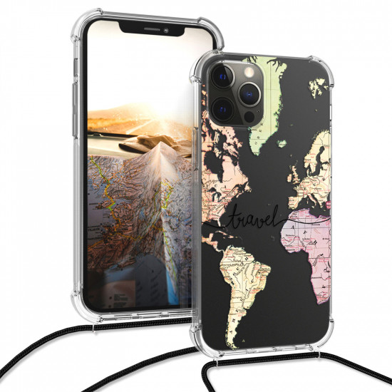 KW iPhone 12 Pro Max Θήκη Σιλικόνης TPU με Λουράκι Design Travel - Διάφανη / Black / Multicolur - 54085.01