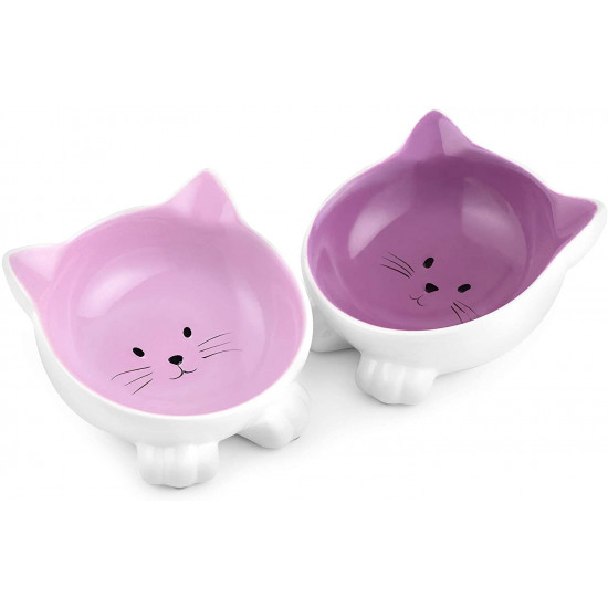 Navaris Cat Bowls with Ears Set of 2 - Σετ με 2 Μπολ Φαγητού και Νερού σε Σχήμα Γάτας - Purple / Pink - 50736.45