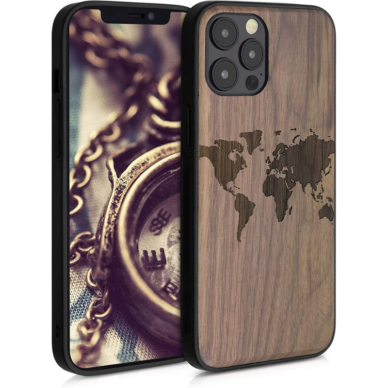 KW iPhone 12 Pro Max Θήκη από Φυσικό Ξύλο Design Travel Outline - Dark Brown - 52736.02