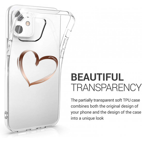 KW iPhone 12 / iPhone 12 Pro Θήκη Σιλικόνης TPU Design Brushed Heart - Διάφανη / Rose Gold - 53035.08