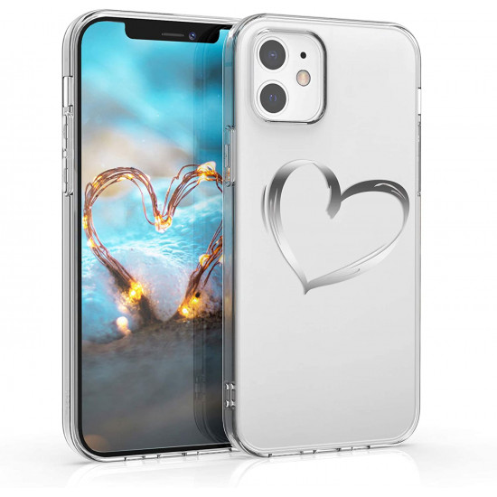 KW iPhone 12 / iPhone 12 Pro Θήκη Σιλικόνης TPU Design Brushed Heart - Διάφανη / Silver - 53035.09