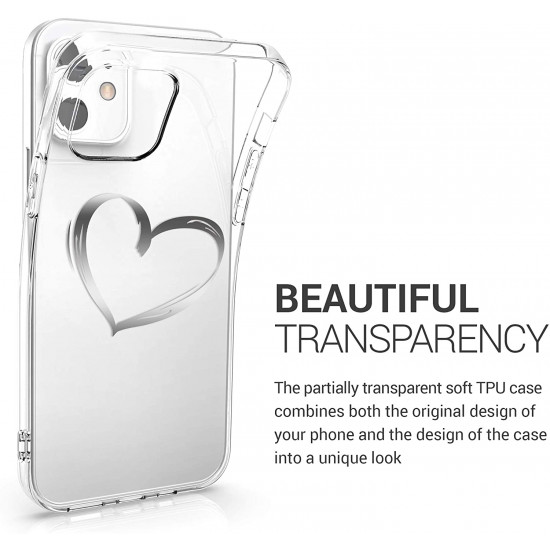 KW iPhone 12 / iPhone 12 Pro Θήκη Σιλικόνης TPU Design Brushed Heart - Διάφανη / Silver - 53035.09