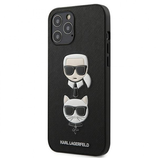 Karl Lagerfeld iPhone 12 Pro Max - Saffiano Ikonik Karl and Choupette Head Σκληρή Θήκη με Επένδυση Συνθετικού Δέρματος και Πλαίσιο Σιλικόνης - Black - KLHCP12LSAKICKCBK