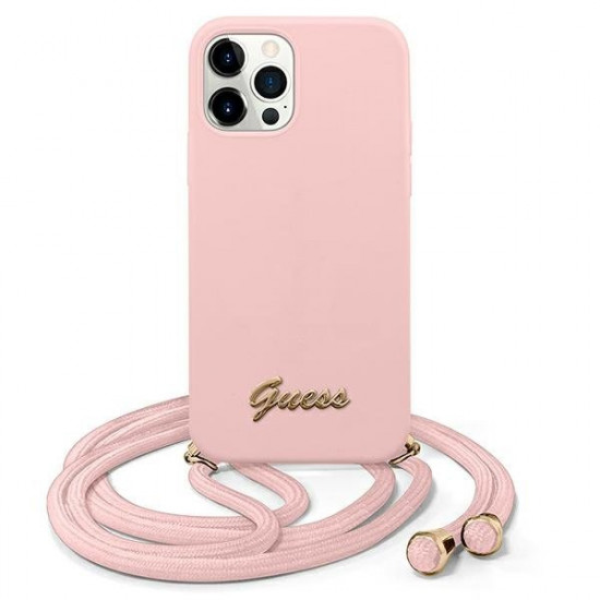 Guess iPhone 12 Pro Max - Metal Logo Cord Θήκη Σιλικόνης με Λουράκι - Pink - GUHCP12LLSCLMGLP