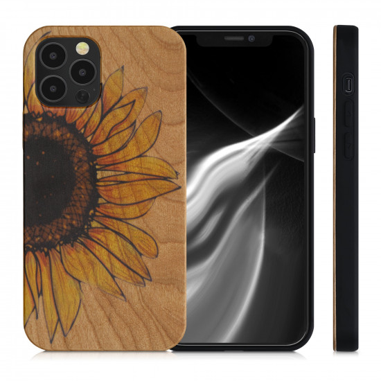 KW iPhone 12 / iPhone 12 Pro Θήκη από Φυσικό Ξύλο - Design Wood Sunflower - Yellow / Dark Brown / Light Brown - 52734.03