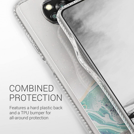 KW Xiaomi Poco X3 NFC Σκληρή Θήκη με Πλαίσιο Σιλικόνης - Design Marble Glitter - Διάφανη - Turquoise / Gold - 54389.01