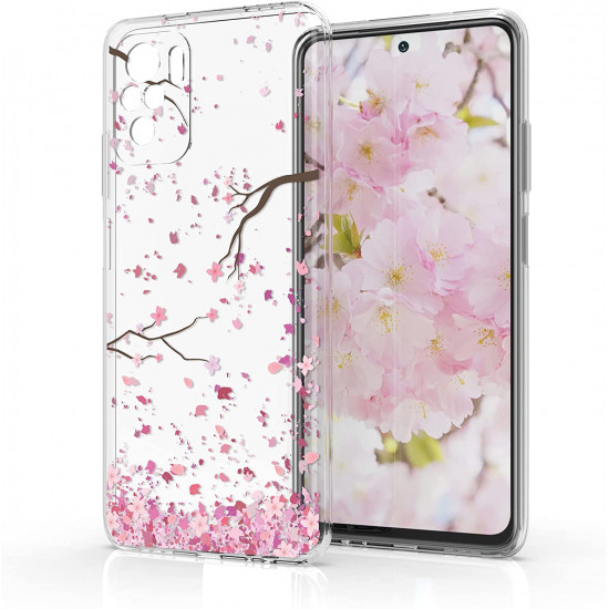KW Xiaomi Redmi Note 10 / Note 10s / Poco M5s Θήκη Σιλικόνης TPU Design Cherry Blossoms - Light Pink / Dark Brown - Διάφανη - 54544.01