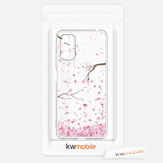 KW Xiaomi Redmi Note 10 5G / Poco M3 Pro 5G Θήκη Σιλικόνης TPU Design Cherry Blossom Leaves - Pink / Dark Brown - Διάφανη - 54950.01