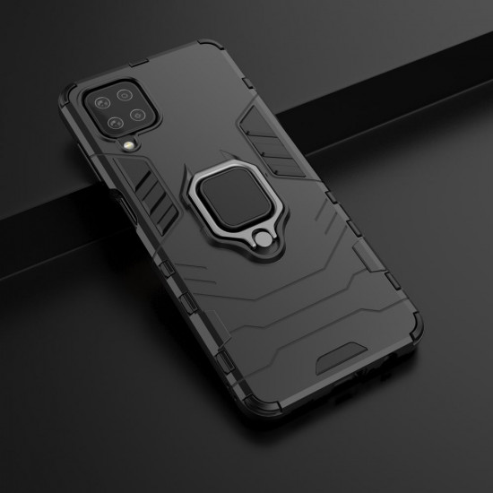 OEM Samsung Galaxy A12 Rugged Armor Σκληρή Θήκη Υψηλής Προστασίας με Πλαίσιο Σιλικόνης και Δαχτυλίδι Συγκράτησης - Black