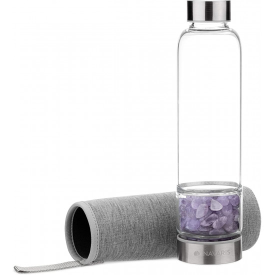 Navaris Γυάλινο Μπουκάλι Νερού με Πέτρες Αμέθυστου και Θήκη - BPA FREE - 420ml - Amethyst Stone - 53150.03