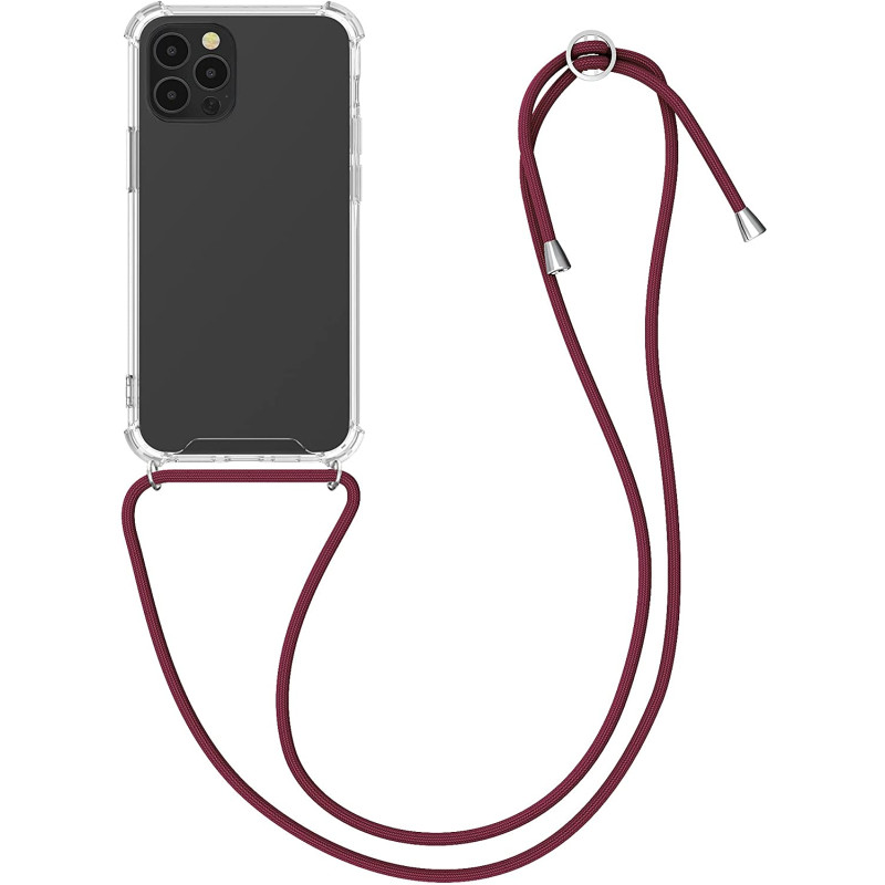KW iPhone 12 / iPhone 12 Pro Θήκη Σιλικόνης TPU με Λουράκι - Διάφανη - Dark Red - 52730.20