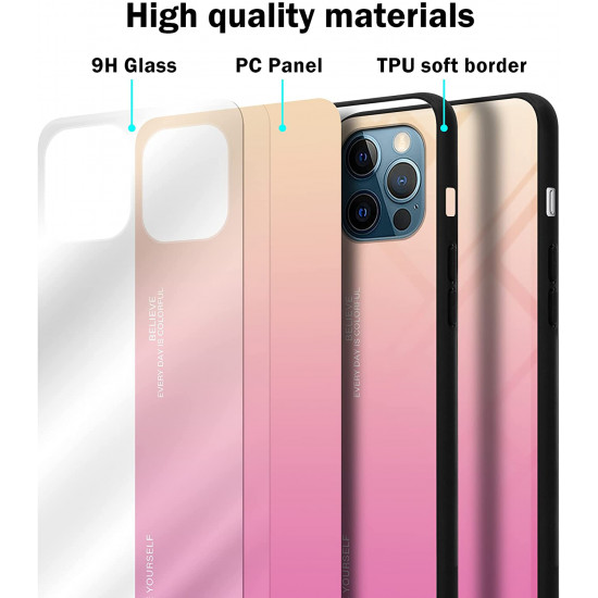 Cadorabo iPhone 12 / iPhone 12 Pro Θήκη με Πλαίσιο Σιλικόνης και Όψη Γυαλιού Tempered Glass - Yellow / Pink