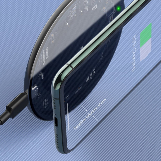Baseus Simple Fast Wireless Charger for Smartphones 15W - Ασύρματος Φορτιστής Qi Charge με Καλώδιο USB Type-C - Μαύρο / Διάφανο - WXJK-BA02