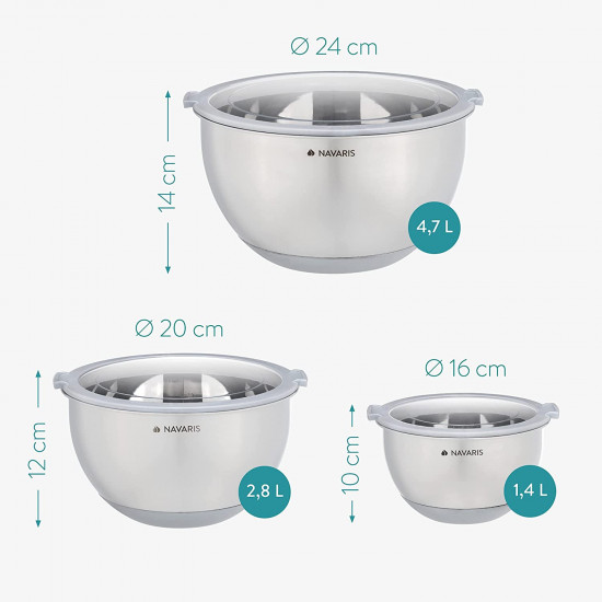 Navaris Stainless Steel Mixing Bowls Set of 3 Σετ με 3 Μεταλλικά Δοχεία Φαγητού - Grey - 49210.03.22