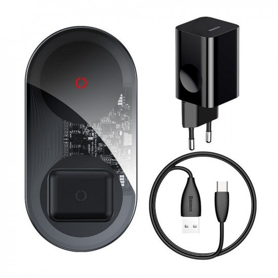 Baseus Simple 2in1 Turbo Edition Wireless Charger for Smartphones - Ασύρματος Φορτιστής Qi Charge 24W με Φορτιστή Ταξιδίου - Μαύρο / Διάφανο - TZWXJK-B01
