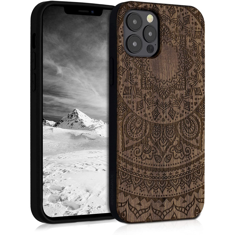 KW iPhone 12 / iPhone 12 Pro Θήκη από Φυσικό Ξύλο Design Indian Sun - Dark Brown - 52734.05