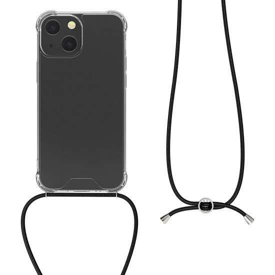 KW iPhone 13 mini Θήκη Σιλικόνης TPU με Λουράκι - Διάφανη / Black - 55932.01