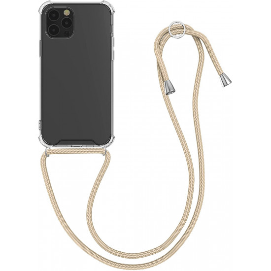 KW iPhone 12 Pro Max Θήκη Σιλικόνης TPU με Λουράκι - Διάφανη / Gold - 52732.21