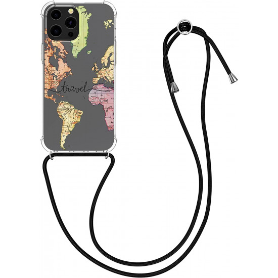 KW iPhone 13 Pro Max Θήκη Σιλικόνης TPU με Λουράκι Design Travel - Διάφανη / Black / Multicolor - 55978.01