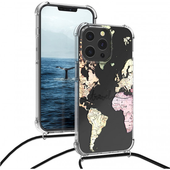 KW iPhone 13 Pro Θήκη Σιλικόνης TPU με Λουράκι Design Travel - Διάφανη / Black / Multicolor - 55965.01