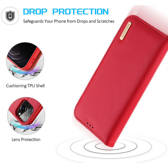 Dux Ducis iPhone 13 Pro Hivo Θήκη Πορτοφόλι Stand από Γνήσιο Δέρμα - Red