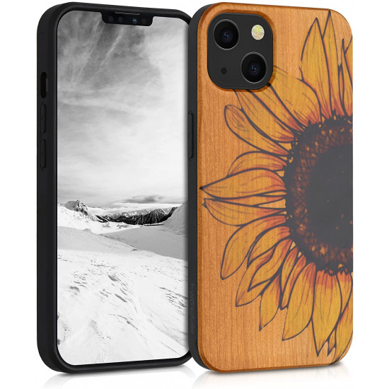 KW iPhone 13 Θήκη από Φυσικό Ξύλο Design Wood Sunflower - Yellow / Dark Brown / Light Brown - 55953.03