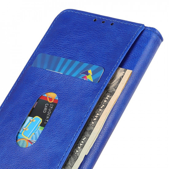 Erbord iPhone 13 Pro Litchi Leather Θήκη Βιβλίο από Γνήσιο Δέρμα - Blue