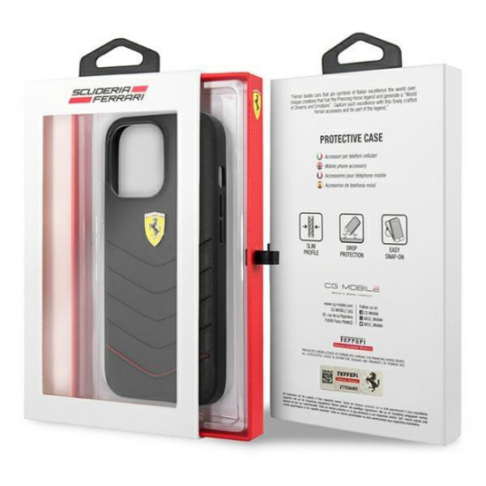 Ferrari iPhone 13 Pro Off Track Quilted Σκληρή Θήκη με Πλαίσιο Σιλικόνης και Επένδυση Γνήσιου Δέρματος - Black - FEHCP13LRQUK