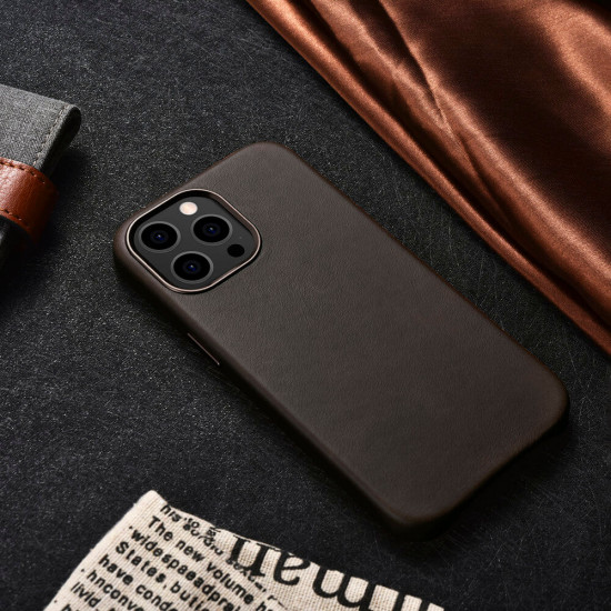 iCarer iPhone 13 Pro Max Leather Oil Wax Θήκη από Γνήσιο Δέρμα με MagSafe - Coffee