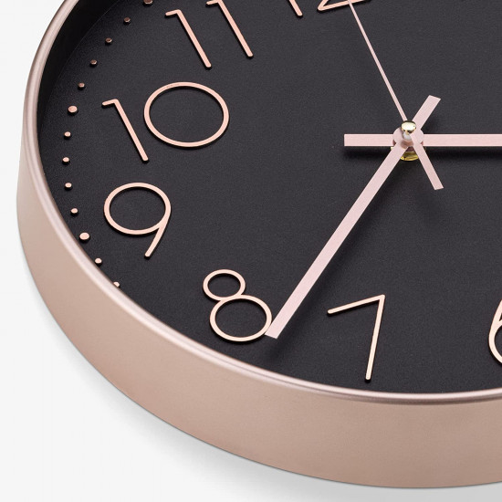 Navaris Analogue Wall Clock Design Round - Ρολόι Tοίχου από Πλαστικό και Γυαλί - Black / Rose Gold - 54996.81.01