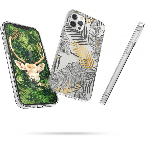 KW iPhone 12 / iPhone 12 Pro Θήκη Σιλικόνης TPU Design Palm Leaves - Διάφανη / Gold / Grey - 53035.14