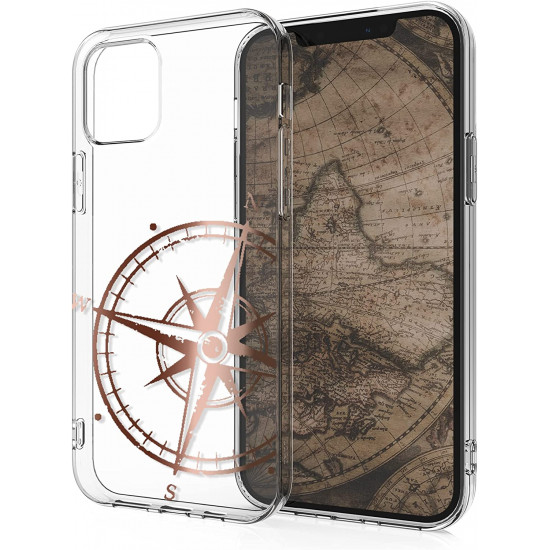 KW iPhone 12 / iPhone 12 Pro Θήκη Σιλικόνης TPU Design Vintage Navigational Compass - Διάφανη / Rose Gold - 53035.13