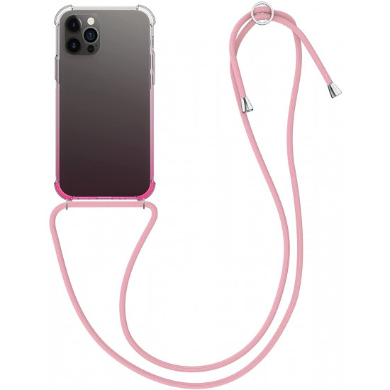 KW iPhone 12 / 12 Pro Θήκη Σιλικόνης TPU με Λουράκι - Pink - Διάφανη - 54084.05