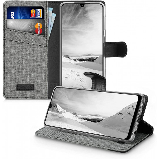 KW Samsung Galaxy A22 4G Θήκη Πορτοφόλι Stand Canvas - Grey / Black - 56246.22