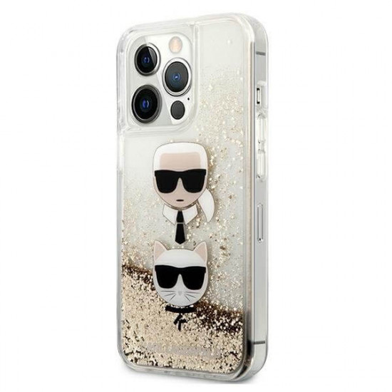 Karl Lagerfeld iPhone 13 Pro Max - Liquid Glitter Karl and Choupette Σκληρή Θήκη με Πλαίσιο Σιλικόνης - Gold - KLHCP13XKICGLD