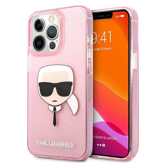 Karl Lagerfeld iPhone 13 Pro Max - Glitter Ikonik Karl Σκληρή Θήκη με Πλαίσιο Σιλικόνης - Pink - KLHCP13XKHTUGLP