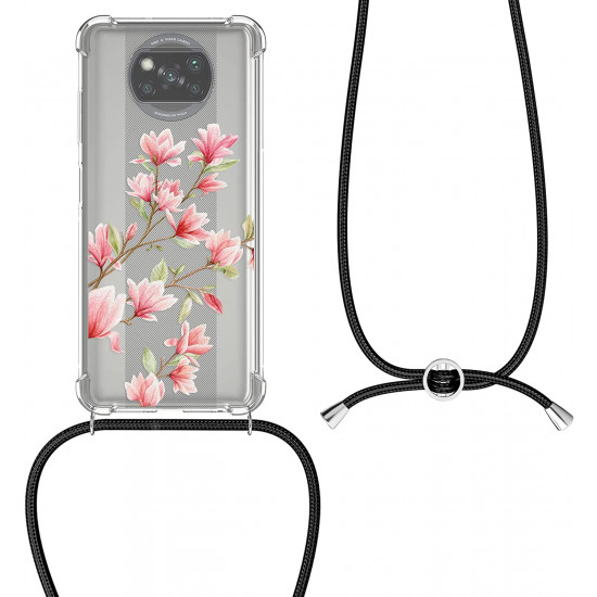 KW Xiaomi Poco X3 NFC / X3 Pro Θήκη Σιλικόνης TPU με Λουράκι Design Magnolias - Pink / White / Διάφανη - 56526.02