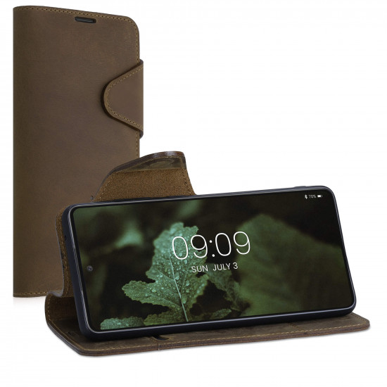 Kalibri Samsung Galaxy A52 / A52 5G / A52s 5G Θήκη Πορτοφόλι Stand από Γνήσιο Δέρμα - Design Navigational Compass - Brown - 56676.01
